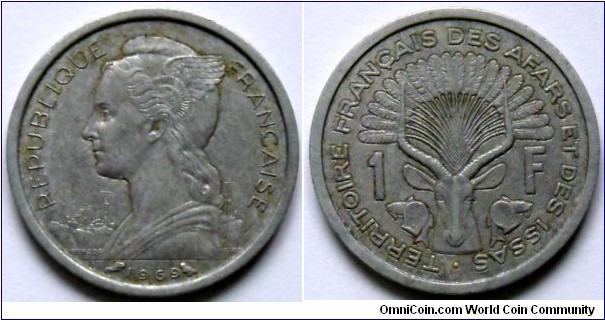 1 franc.
1969, French Territory of the Afars and the Issas