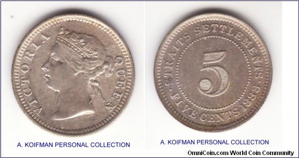 KM-10, 1888 Straits Settlements 5 cents, silver, reeded edge; nice good very fine, a spot by the Queens eye.