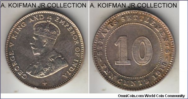 KM-29a, 1918 Straits Settlements 10 cents; silver, reeded edge; George V, a 3 year tyoe, good extra fine or about uncirculated, an obverse toning spot but otherwise nice looking.
