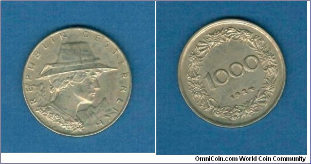 Austria 1000 Kronen. 23 MM./4.6 gm.
