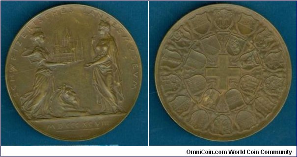 Swiss Schweizer Landesmuseum Zurich Medal. Bronze: 57MM./95.3gm
