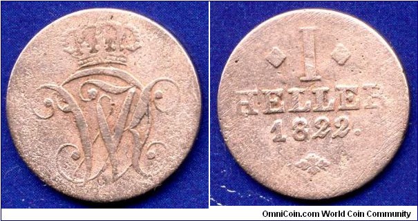 1 heller.
Hessen-Kassel.
Wilhelm II (1821-1847).


Cu.