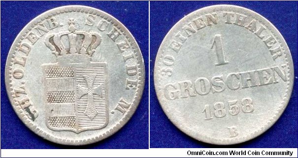 1 groschen.
Oldenburg.
Nicolaus Friedrich Peter (1853-1900).
*B* - Hannover mint.
Mintage 720,000 units.


Ag220f. 2,19gr.