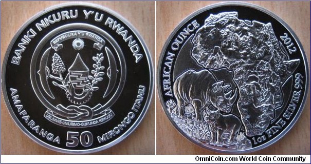 50 Francs - Nashorn - 31.1 g Ag .999 Proof - mintage 1,000