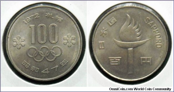 100 yen.
1972, XI Olympic Winter Games - Sapporo 1972.