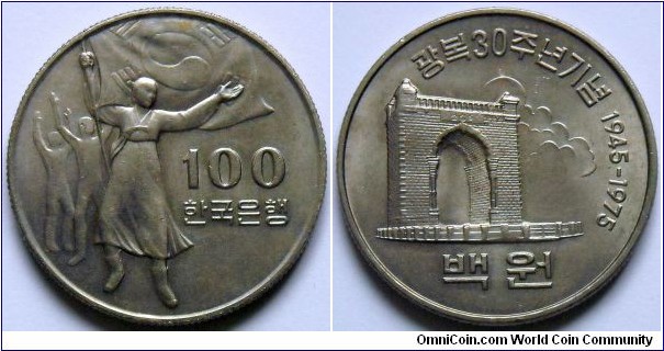 100 won.
1975, 30th Anniversary of Liberation.