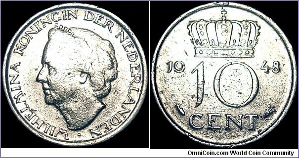 Netherlands - 10 Cent - 1948 - Weight 1,44 gr - Nickel - Size 14,91 mm - Thickness 1,3 mm - Alignment Coin (180°) - Ruler / Wilhelmina (1890-48) - Engraver / L.O. Wencheback - Edge : Reeded - Mintage 69 200 000 - Reference KM# 177 (1948)