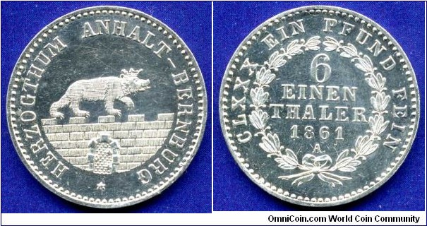 1/6 Thaler (Vereinsthaler).
Anhalt-Bernburg.
Alexander Karl (1834-1863).
*A* - Berlin mint.
Mintage 62,000 units.


Ag520f. 5,34gr.
