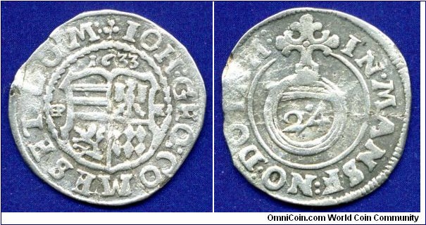 1/24 Thaler (Groschen).
Mansfeld-Eisleben.
Iohann Georg II (1619-1647).
*HPK* - mintmaster Hans (Iohann) Philipp Koburger, work on Eisleben mint in 1632-64.


Ag.