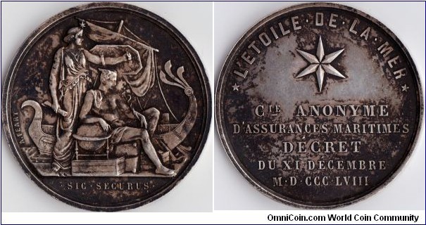 scarcer silver jeton struck for L'Etoile de la Mer (star of the sea), a french maritime assurer. Dark toning