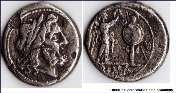 silver Victoriatus of the Roman Republic circa 211 BC. Jupiter obverse with Victory crowning a trophy / ROMA in exergue.  