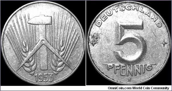 Germany - DDR - 5 Pfennig - 1953 - Weight 1,2 gr - Aluminium - Size 19 mm - Thickness 2,0 mm - Alignment Medal (0°) - Engraver / Franz Paul Krischker - Edge : Smooth - Mintage (1953E) 28 665 000 - Reference KM# 6 (1952-53)