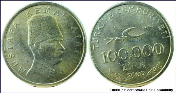 Turkey100BinLira-75yrs.Republic-km1078-2000