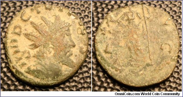 Barbarous radiate, probably copying tetricus I. c. 275-285 AD. These coins where struck to make up the shortage of coins after reforms of aurelian, 270-5, and fall of Tetricus, AD 274.