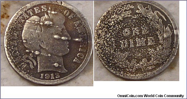 1913 Barber Dime. Metal detector find by old WW 1 Camp trash pile