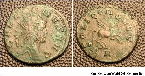 Gallienus AE Antoninianus. Sole reign. GALLIENVS AVG, radiate head right / SOLI CONS AVG, Pegasus right springing forward; N in exergue, RIC 283, Cohen 979