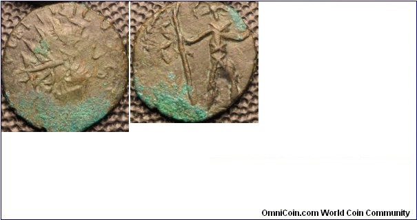Tetricus I or II, barbarous, Prob VIRTVS AVG, Virtus standing right, holding spear and shield, which rests on ground. Its been mis-stamped or stamped over an earlier coin.