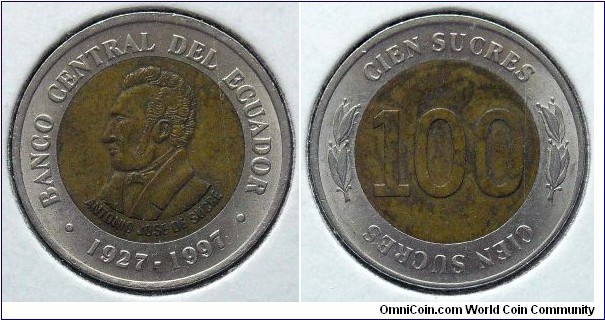 100 sucres.
1997, Bimetal