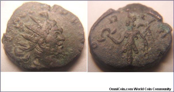 Tetricus I BARBAROUS

Obverse: IMP C TETRICVS P F AVG, radiate, cuirassed bust right.
Reverse: VICTO-R-IA AVG, Victory advancing left, holding wreath and palm.
RIC 141.
