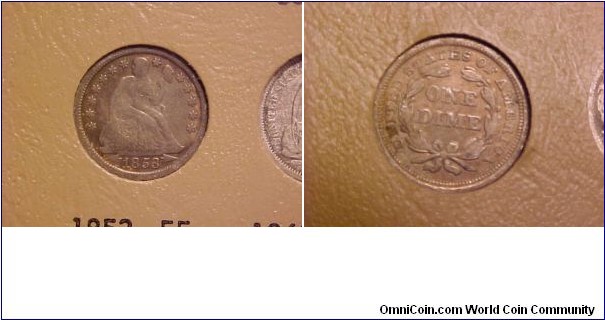 Liberty seated dime with arrows at the date to denote the decrease in weight from 2.67g to 2.49g.