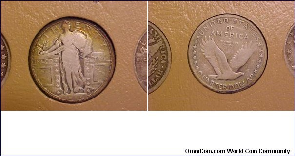A type 1 standing Liberty quarter, with no breastplate and no stars below the eagle on the reverse.