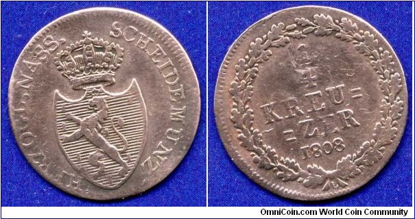 1/4 kreuzer.
Nassau.
Friedrich August und Friedrich Wilhelm (1806-1816).
Mintage 449,000 units.


Cu.