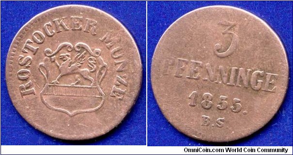 3 pfenninge.
Rostock City.
*BS* - mintmaster Benjamin Steinhorst, work in 1843-59.


Cu.


Cu.