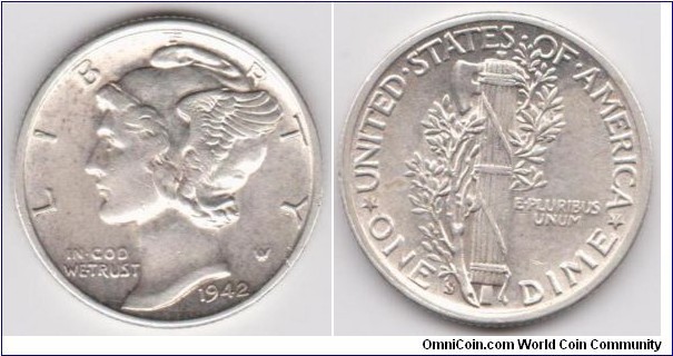 1942S 10C Mercury Dime