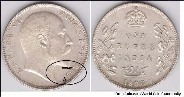1 Rupee 1906 silver Double Die Reverse(ROR), British India King Edward VII 