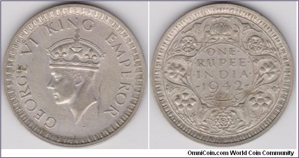 1 Rupee silver 1942 British India KING GEORGE VI, Bombay Mint. RARE