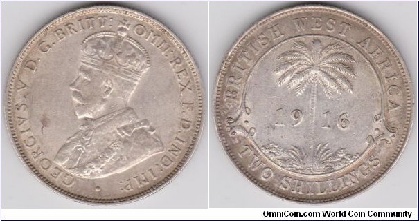 2 Shillings silver 1916 King George V British West Africa. RARE