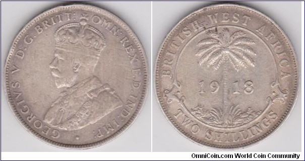 1 Shilling silver 1918 King George V British West Africa. RARE 