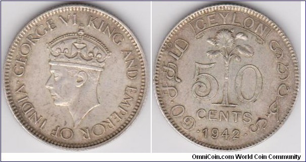 50 Cents King George VI 1942 Ceylon Silver, last silver piece struck for Ceylon for circulation Calcutta Mint, Very Rare