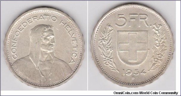 Silver Coin  1954-B 5 Swiss Francs