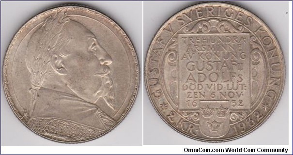 1932-G Sweden Silver 2 Kronor 300th Anniversary Death of Gustav II Adolf.