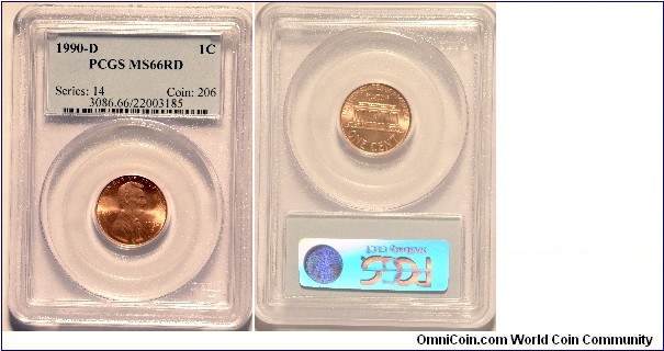 1990D Lincoln Cent MS66RD certified by PCGS