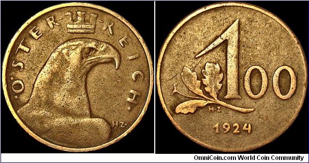 Austria - 100 Kronen - 1924 - Weight 1,67 gr - Bronze - Size 17 mm - Thickness 1,0 mm - Alignment Medal (0°) - Engraver / Heinrich Zita - Edge : Smooth - Mintage 43 013 920 - Reference KM# 2832 (1923-24)