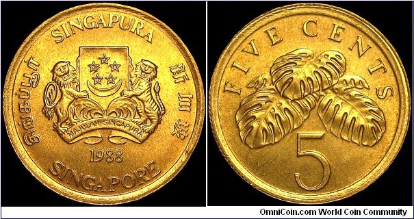 Singapore - 5 Cents - 1988 - Weight 1,56 gr - Aluminium/Bronze - Size 16,25 mm - Thickness 1,22 mm - Alignment Medal (0°) - Engraver / Christopher Ironside -Edge : Milled - Mintage 45 180 000 - Reference KM# 50 (1985-91)