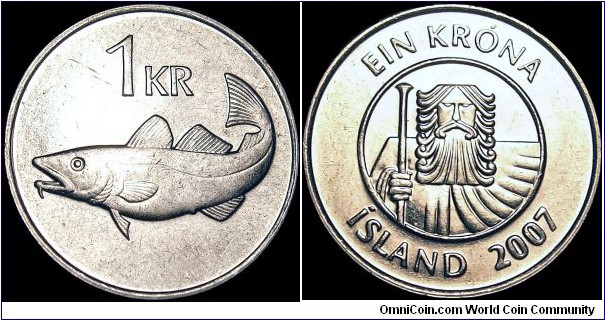 Iceland - 1 Krona - 2007 - Weight 4,0 gr - Nickel-Plated steel - Size 21,5 mm - Thickness 1,7 mm - Alignment Medal (0°) - Edge : Milled - Mintage 10 000 000 - Reference KM# 27a (1989-2011)
