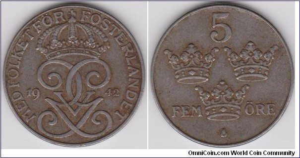 1942 Sweden 5 Öre 