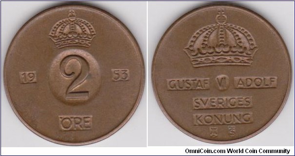 1953 Sweden 2 Öre 