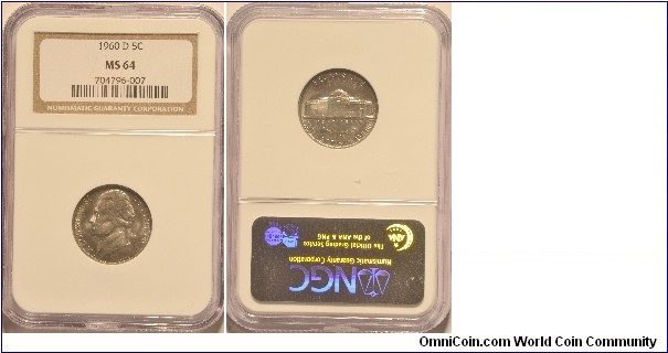 Jefferson Nickel 1960D MS64 - certified by NGC