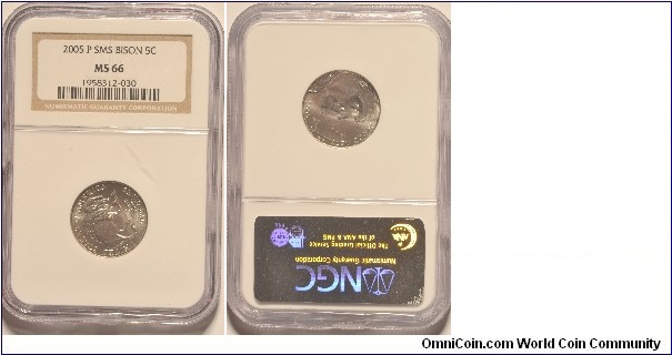 Jefferson Nickel 2005P SMS MS66 Bison - SMS coins have a satin finish and come from US Mint Sets