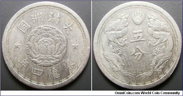 China Manchukuo 1937 5 fen. Cleaned. Weight: 3.42g. 