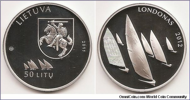 50 Litu
KM#220
50 litas coin issued to mark the XXX Olympic Games in London. In the centre of the obverse of the coin there is the national emblem of the state on a shield. The inscriptions LIETUVA (Lithuania) and 2011 are arranged in a semi-circle. The inscription 50 LITŲ (50 litas) is inscribed below symbolic sails. The reverse of the coin illustrates a branch of Olympic sports – sailing sports. The inscription LONDONAS (London) 2012 is arranged in a semi-circle. A double (latent) image is incorporated in one of the sails on the left side of the coin. When the coin is viewed at a certain angle, the image elements can be seen: the logo of the Lithuanian National Olympic Committee and XXX.
Silver Ag 925
Quality proof
Diameter 38.61 mm
Weight 28.28 g
The words on the edge of the coin: VĖJO (Wind we need) and stylized sails
Designed by Rūta Ona Čigriejūtė and Rytas Jonas Belevičius
Mintage  5,000 pcs. Issued 12.12.2011
The coin was minted at the state enterprise Lithuanian Mint.
