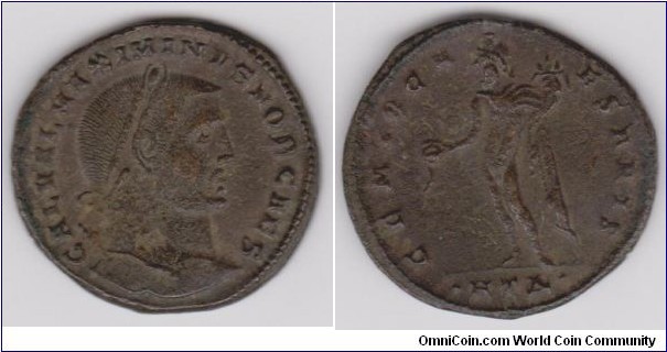 Maximinus II as Caesar Heraclea    Mint Struck between 305_306 AD. Laureate head right  Genius of the Caesars standing left HTA below