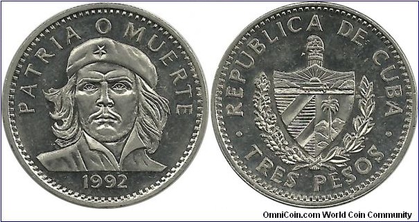 Cuba 3 Pesos 1992-Ernesto Che Guevara