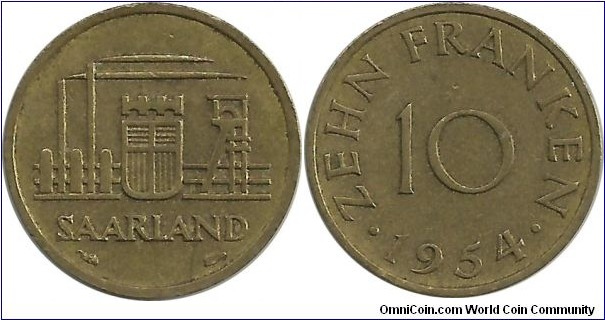 Saarland 10 Franken 1954