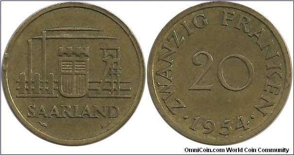 Saarland 20 Franken 1954