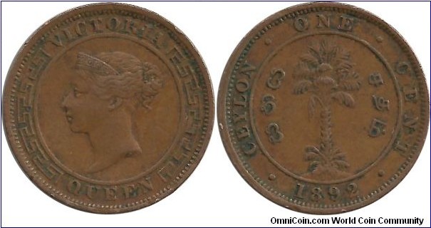 Ceylon-British 1 Cent 1892